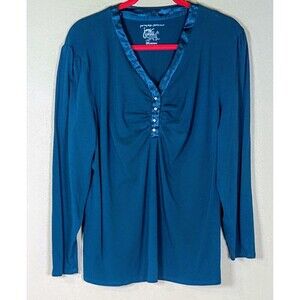JMS Size 2X Cotton Blend Deep Teal Very Pretty  Blouse Ribbon V-Neck Top Shirt